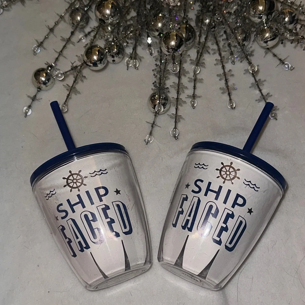 Ship Faced Tumbler Set with Navy Blue Lid and Straw Nautical Boating Theme 2